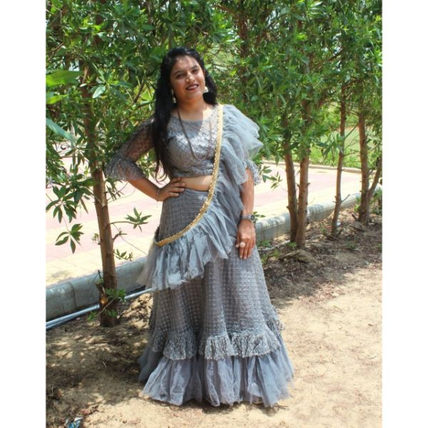 "Elegant Grey Designer Flared Choli With Lehenga for Rent" on rent