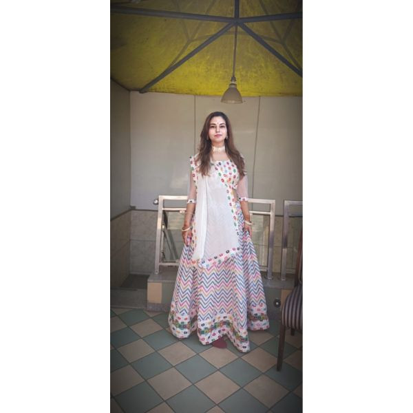 "Elegant White Leriya Multicolored Choli with Lehenga & 2 Blouses for Rent" on rent