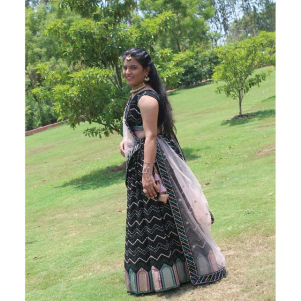 "Exquisite Ebony Embroidery: Rent this Beautiful Black Choli With Lehenga for a Mesmerizing Look" on rent